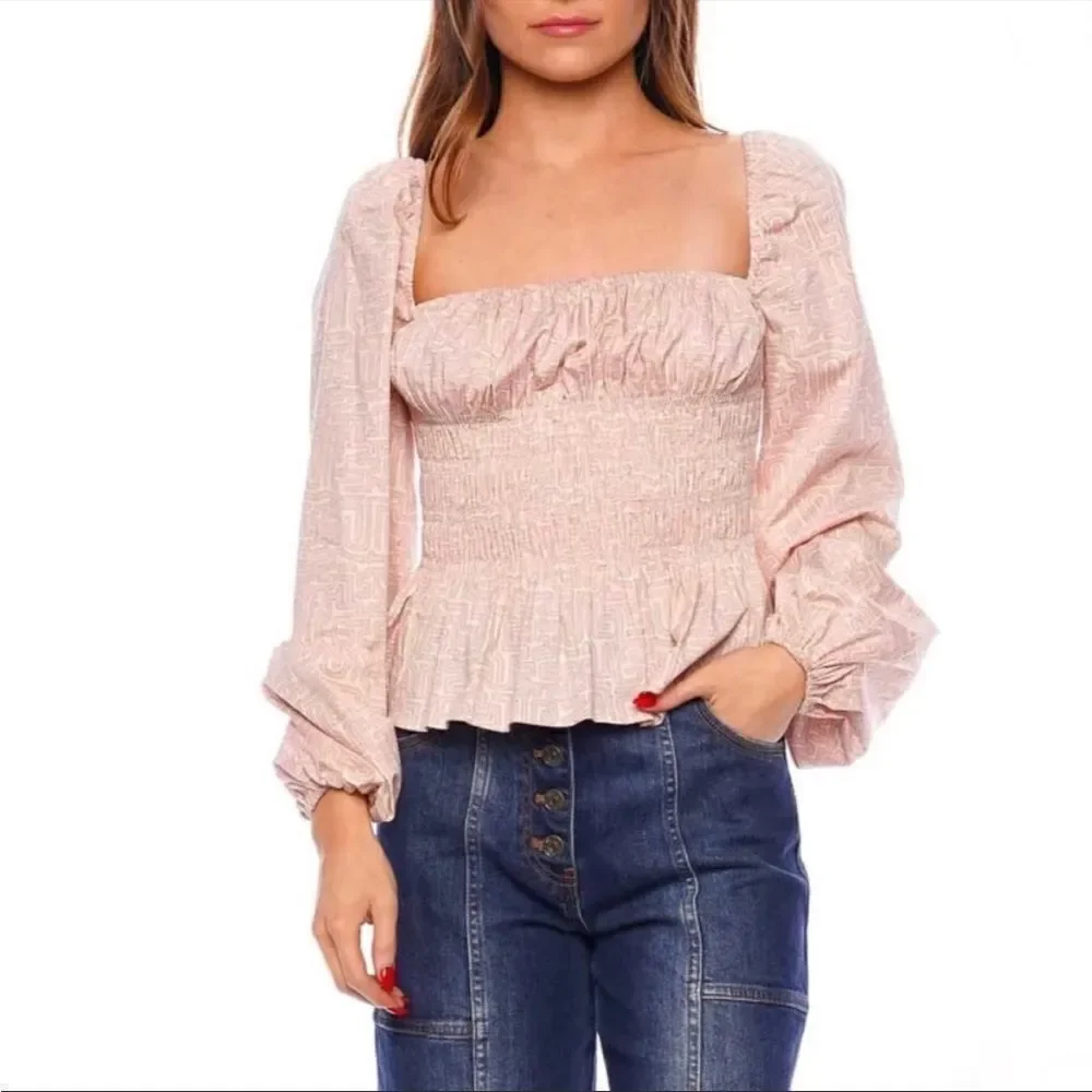 Staud Jules Top Smocked Square Neck Puff Sleeve Long Sleeve Pastel Maze XS